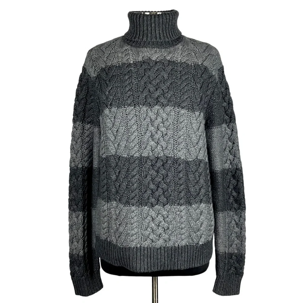 MICHAEL KORS LAMBSWOOL CONTRAST CABLEKNIT STRIPED CHUNKY KNIT TURTLENECK SWEATER